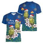 New Zealand Kakapo Christmas Women V-Neck T-Shirt Owl Parrot Santa Sliver Fern Manuka - Blue - Aussie Hoodie