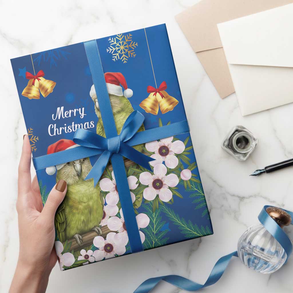 New Zealand Kakapo Christmas Wrapping Paper Owl Parrot Santa Sliver Fern Manuka - Blue - Aussie Hoodie