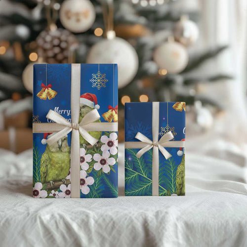 New Zealand Kakapo Christmas Wrapping Paper Owl Parrot Santa Sliver Fern Manuka - Blue - Aussie Hoodie