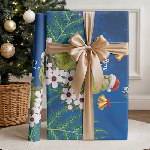 New Zealand Kakapo Christmas Wrapping Paper Owl Parrot Santa Sliver Fern Manuka - Blue - Aussie Hoodie
