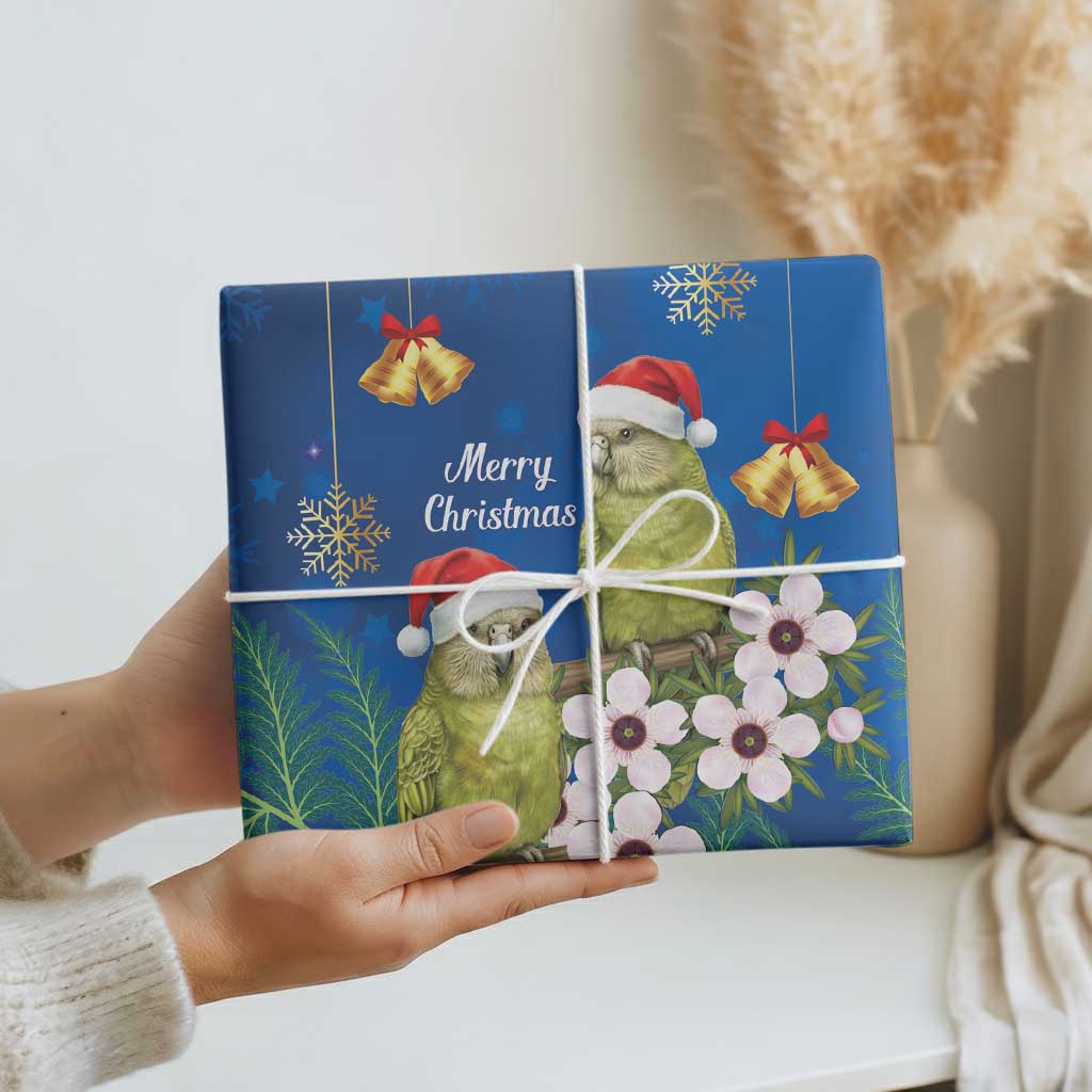 New Zealand Kakapo Christmas Wrapping Paper Owl Parrot Santa Sliver Fern Manuka - Blue - Aussie Hoodie