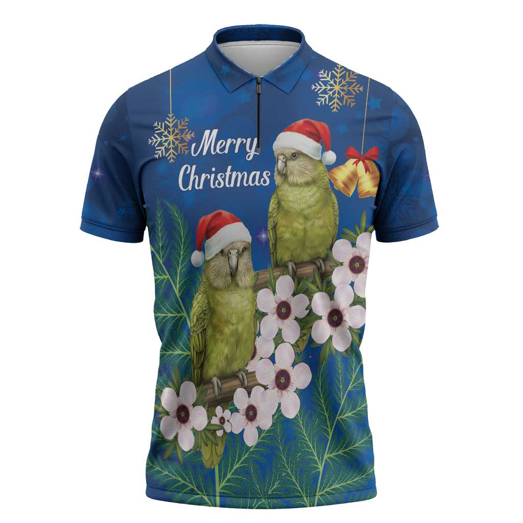New Zealand Kakapo Christmas Zipper Polo Shirt Owl Parrot Santa Sliver Fern Manuka - Blue - Aussie Hoodie