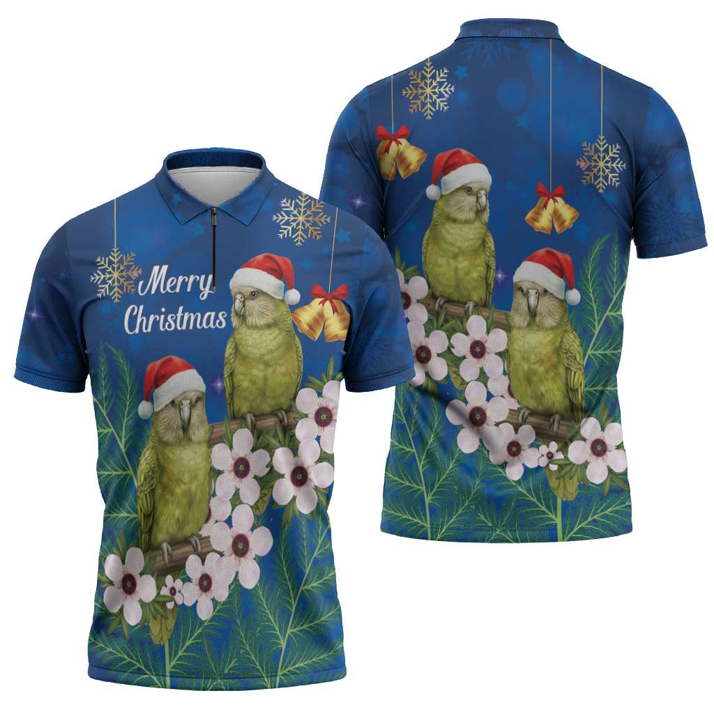 New Zealand Kakapo Christmas Zipper Polo Shirt Owl Parrot Santa Sliver Fern Manuka - Blue - Aussie Hoodie