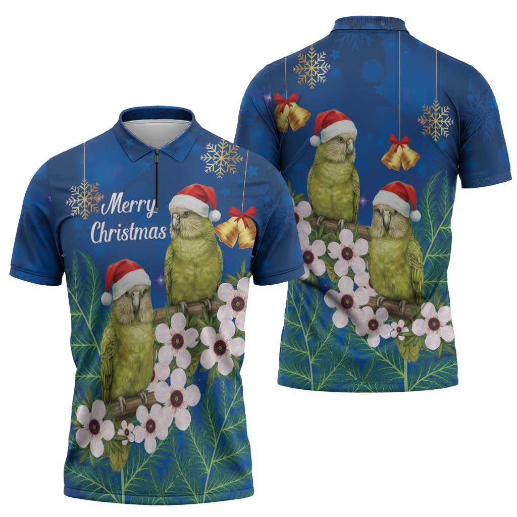 New Zealand Kakapo Christmas Zipper Polo Shirt Owl Parrot Santa Sliver Fern Manuka - Blue - Aussie Hoodie