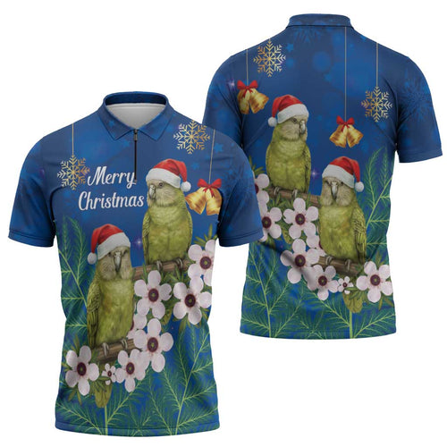 New Zealand Kakapo Christmas Zipper Polo Shirt Owl Parrot Santa Sliver Fern Manuka - Blue - Aussie Hoodie