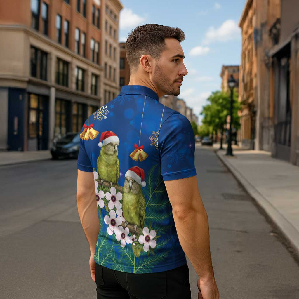 New Zealand Kakapo Christmas Zipper Polo Shirt Owl Parrot Santa Sliver Fern Manuka - Blue - Aussie Hoodie