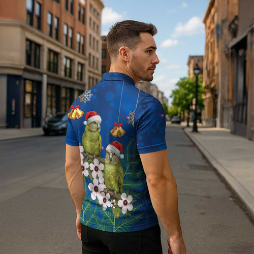 New Zealand Kakapo Christmas Zipper Polo Shirt Owl Parrot Santa Sliver Fern Manuka - Blue - Aussie Hoodie