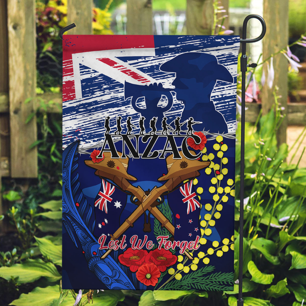 australia-and-new-zealand-anzac-day-garden-flag-lest-we-forget-silver-fern-with-golden-wattle