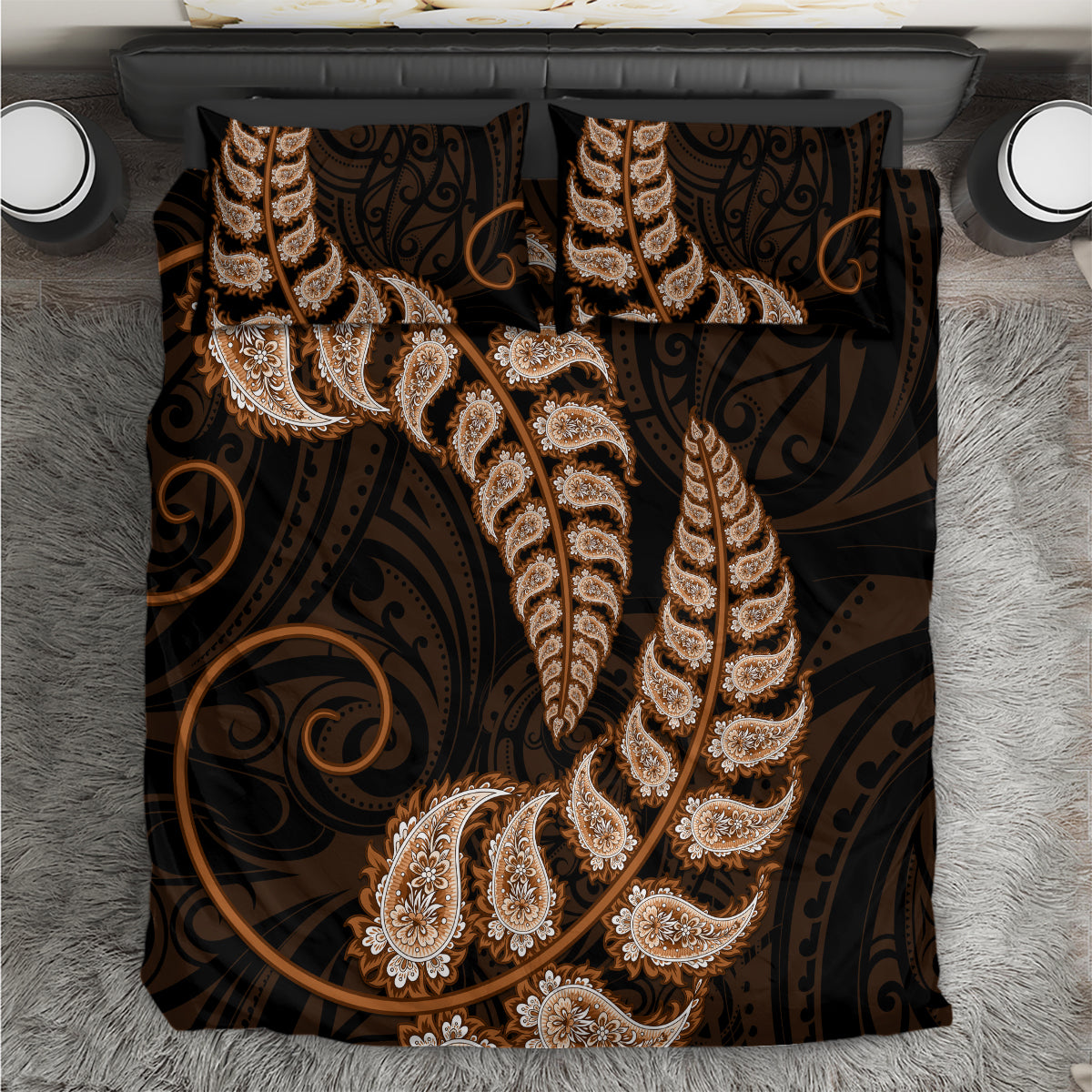 brown-new-zealand-paisley-silver-fern-bedding-set-aotearoa-maori