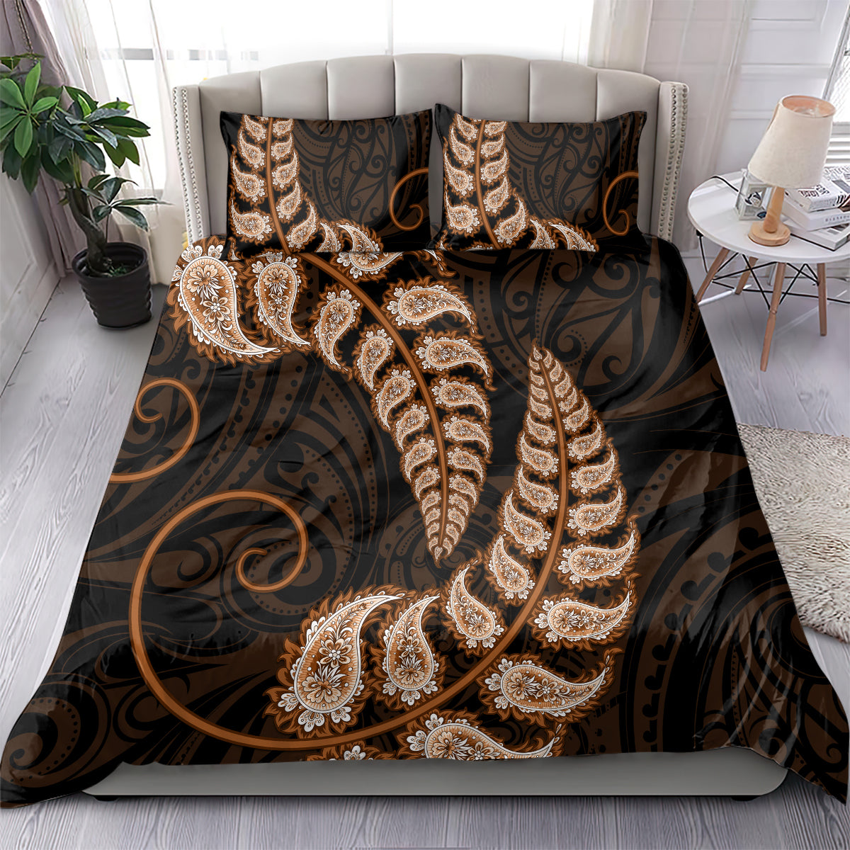 brown-new-zealand-paisley-silver-fern-bedding-set-aotearoa-maori