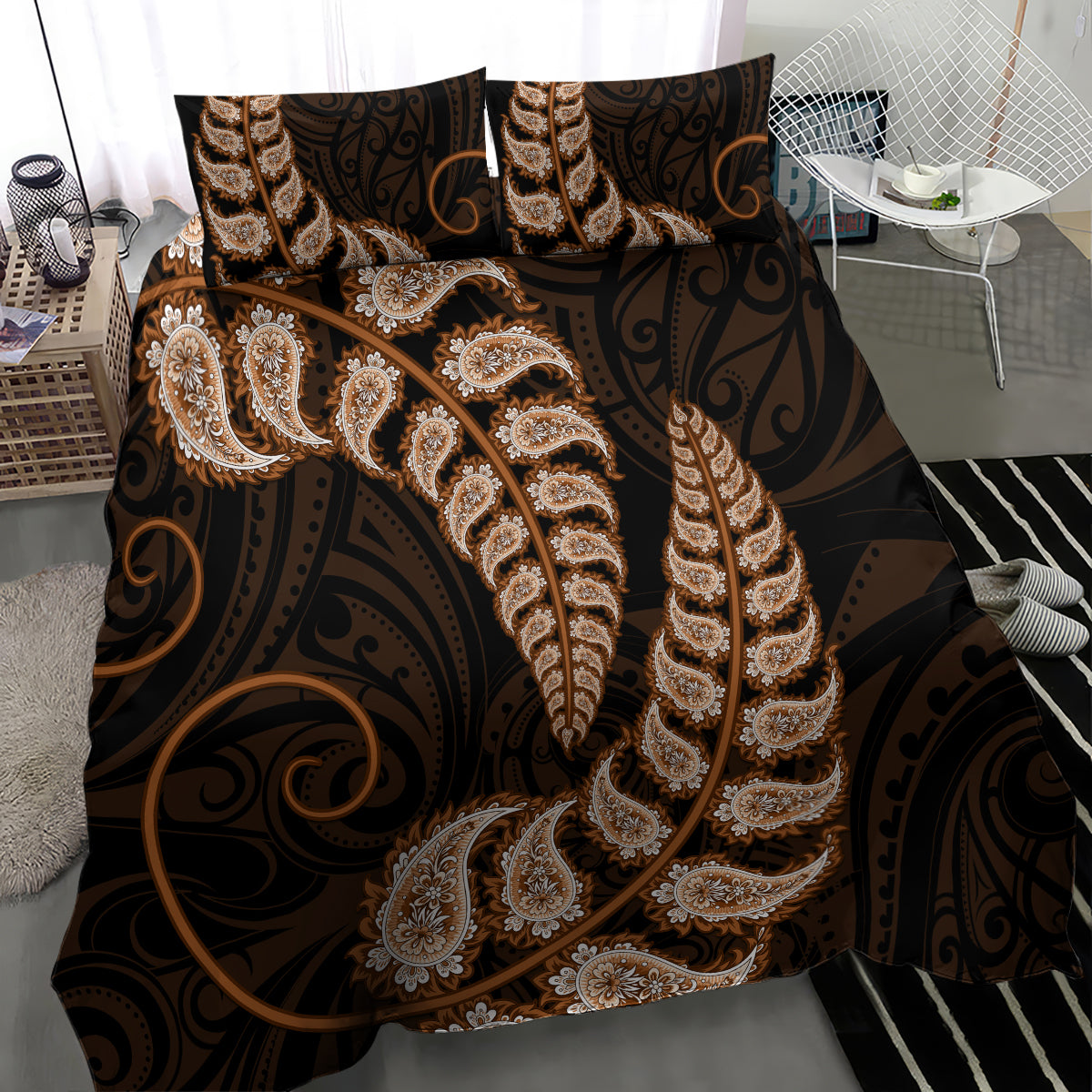 brown-new-zealand-paisley-silver-fern-bedding-set-aotearoa-maori