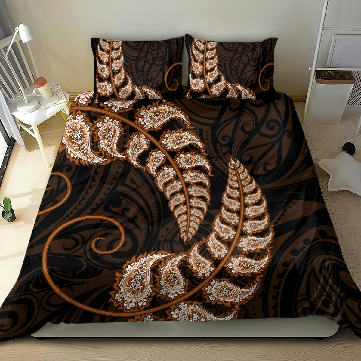 brown-new-zealand-paisley-silver-fern-bedding-set-aotearoa-maori