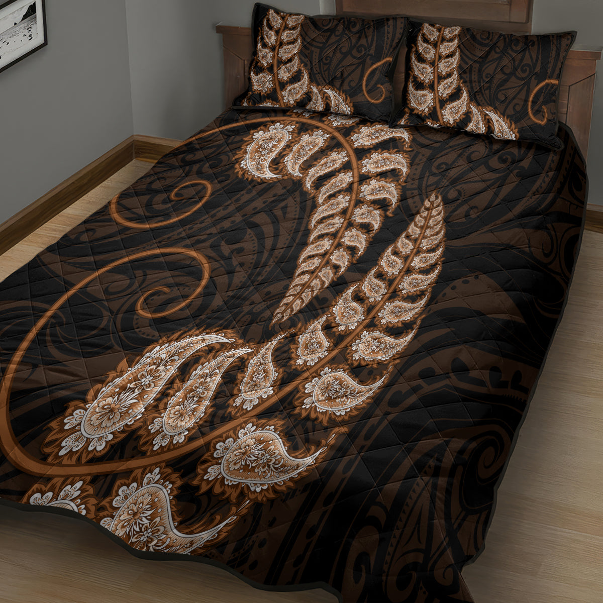 brown-new-zealand-paisley-silver-fern-quilt-bed-set-aotearoa-maori