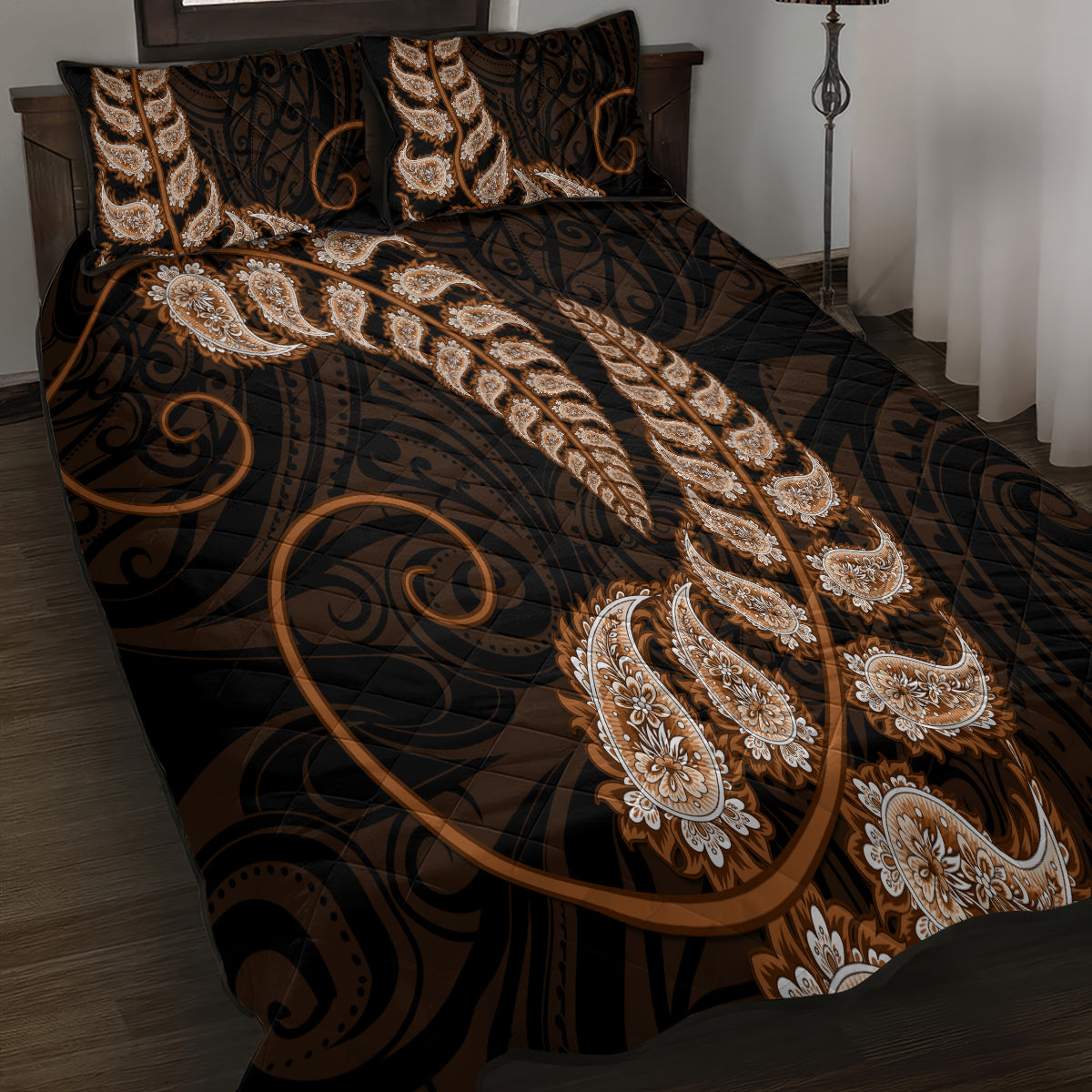 brown-new-zealand-paisley-silver-fern-quilt-bed-set-aotearoa-maori
