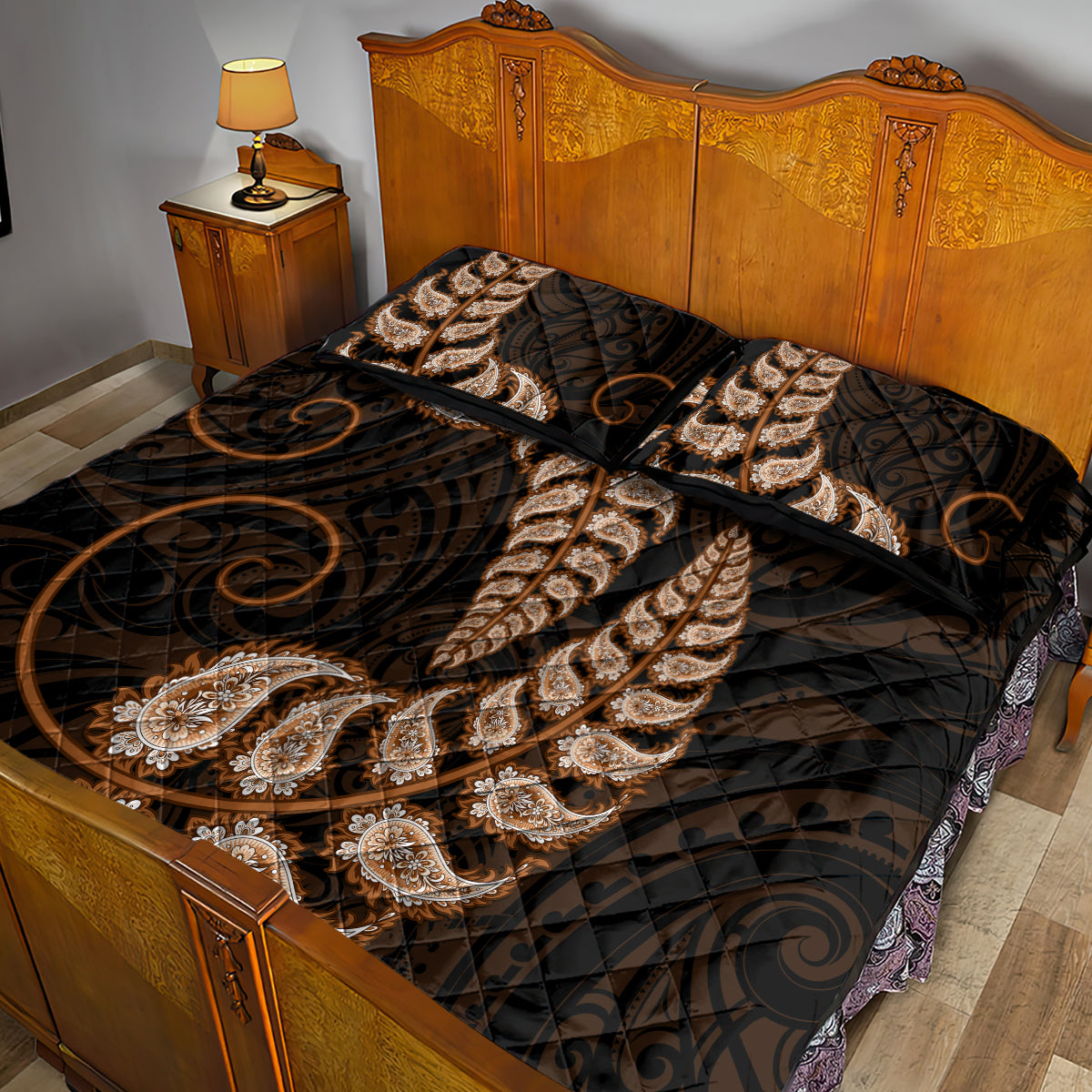 brown-new-zealand-paisley-silver-fern-quilt-bed-set-aotearoa-maori