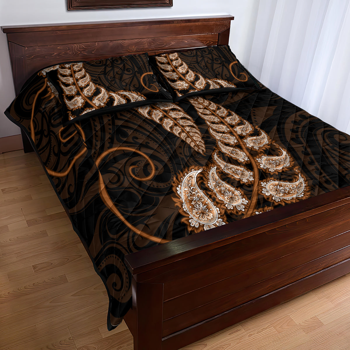 brown-new-zealand-paisley-silver-fern-quilt-bed-set-aotearoa-maori
