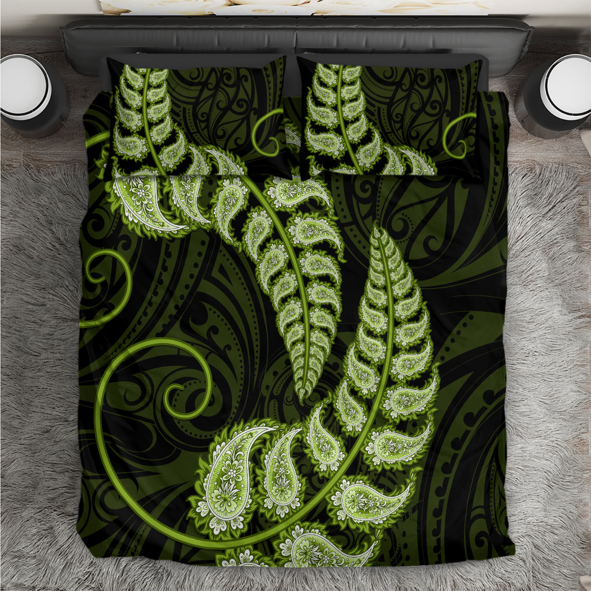 green-new-zealand-paisley-silver-fern-bedding-set-aotearoa-maori