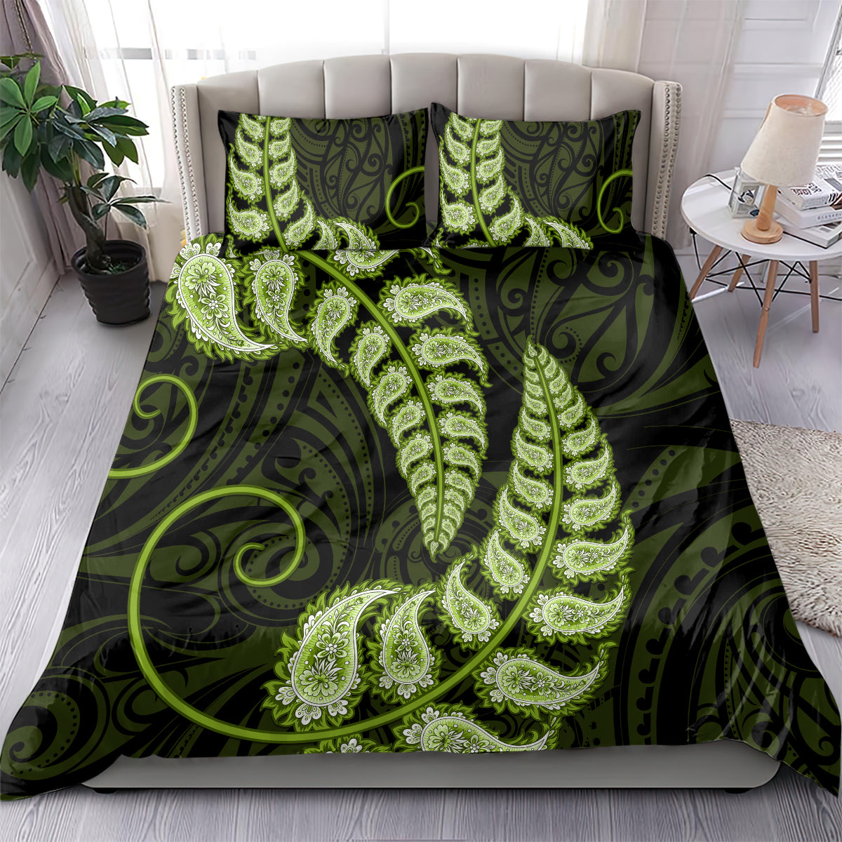 green-new-zealand-paisley-silver-fern-bedding-set-aotearoa-maori