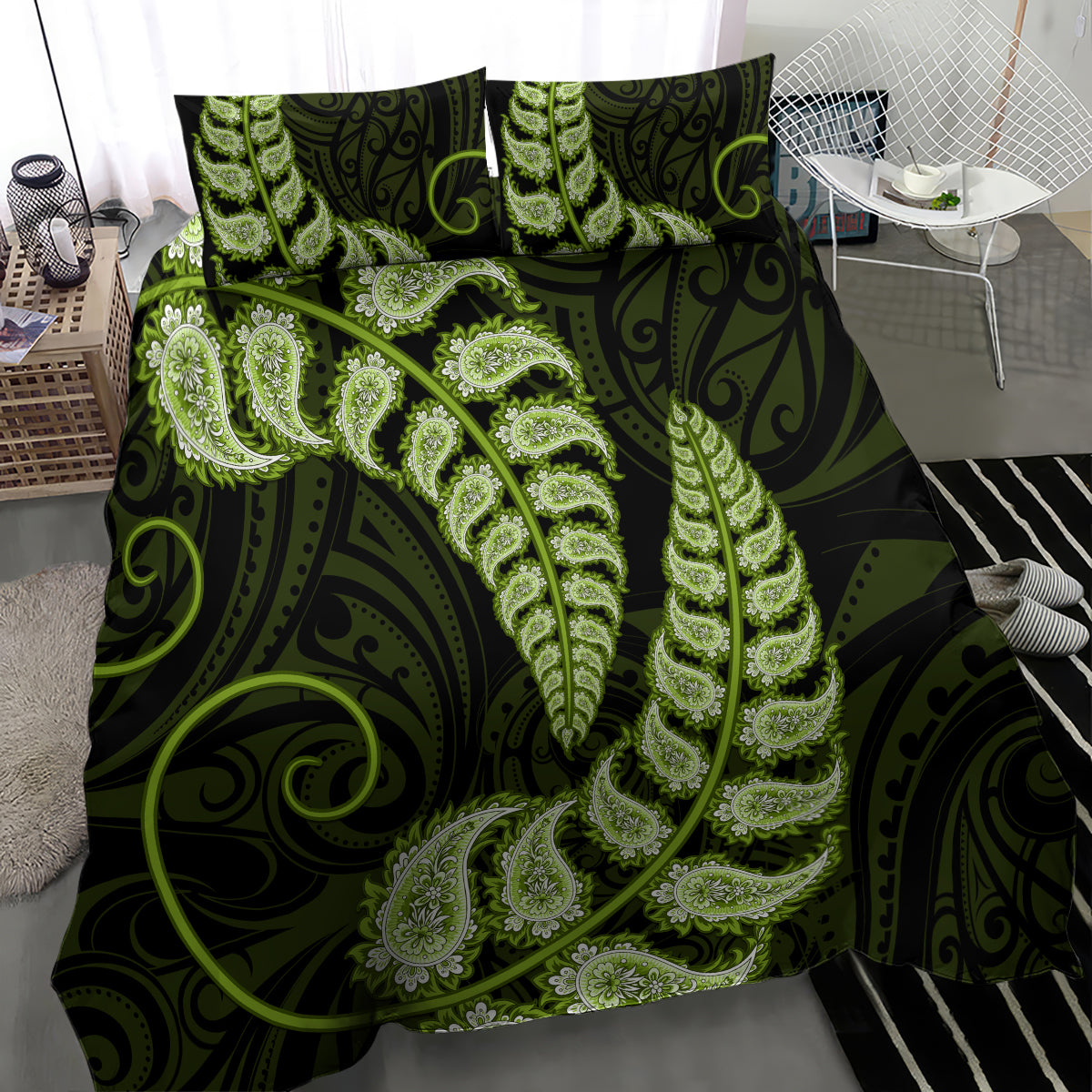 green-new-zealand-paisley-silver-fern-bedding-set-aotearoa-maori