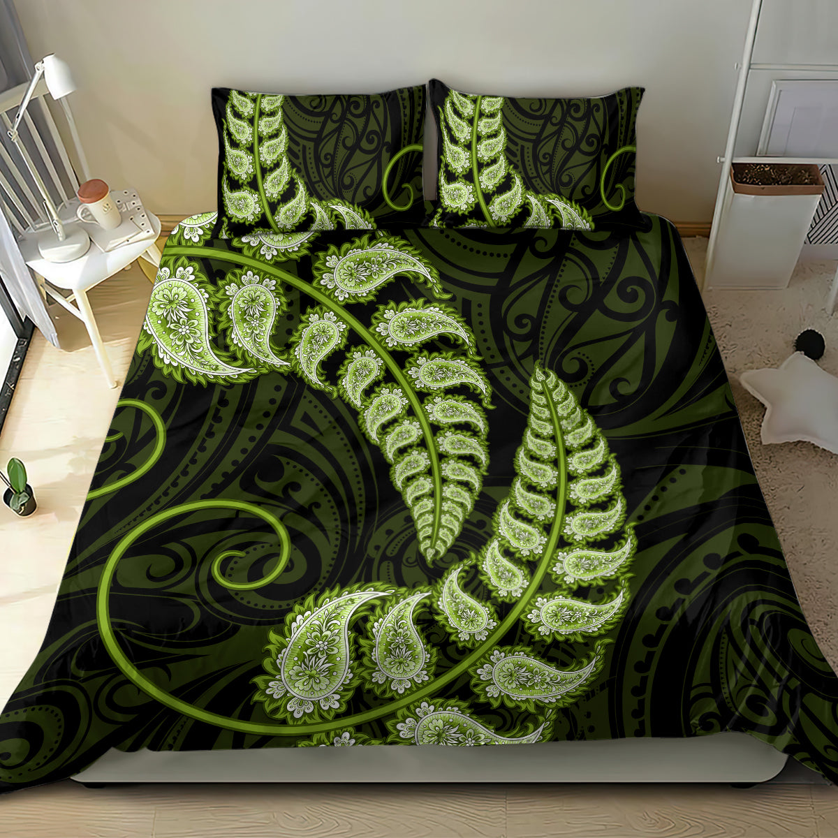 green-new-zealand-paisley-silver-fern-bedding-set-aotearoa-maori