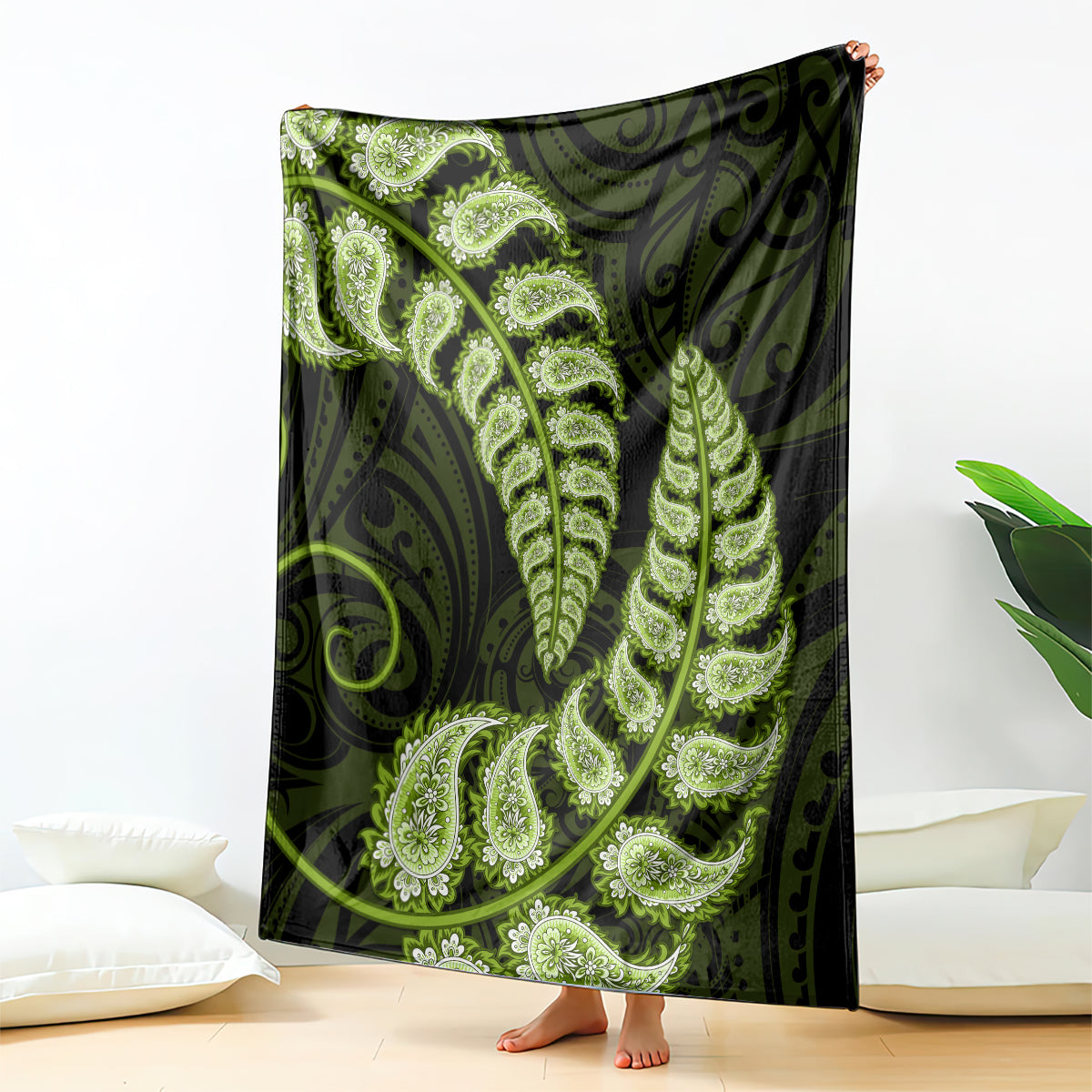 green-new-zealand-paisley-silver-fern-blanket-aotearoa-maori