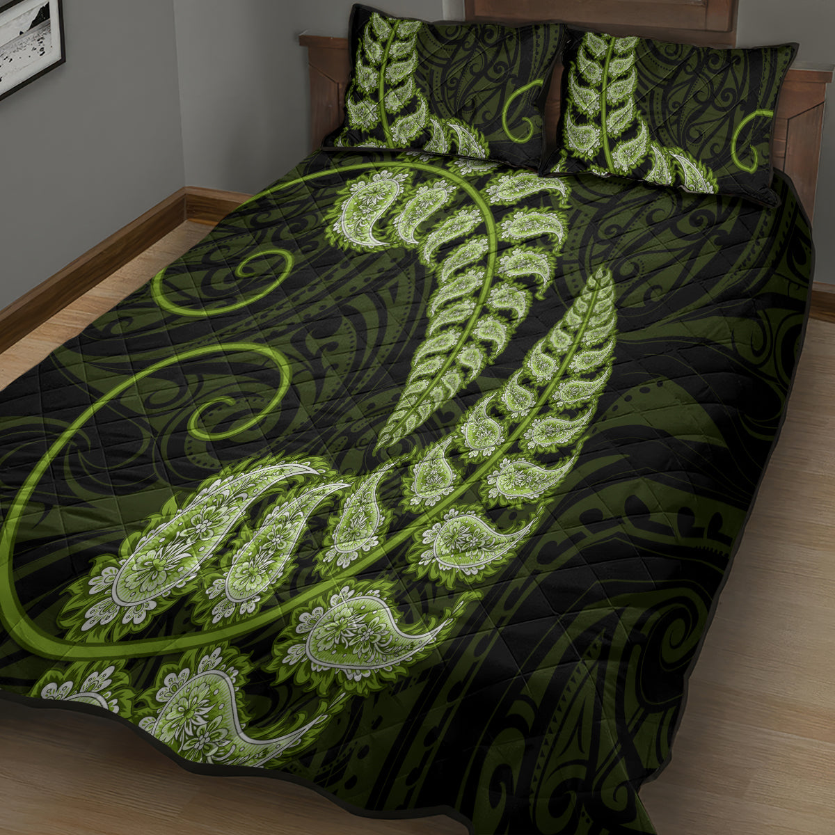 green-new-zealand-paisley-silver-fern-quilt-bed-set-aotearoa-maori