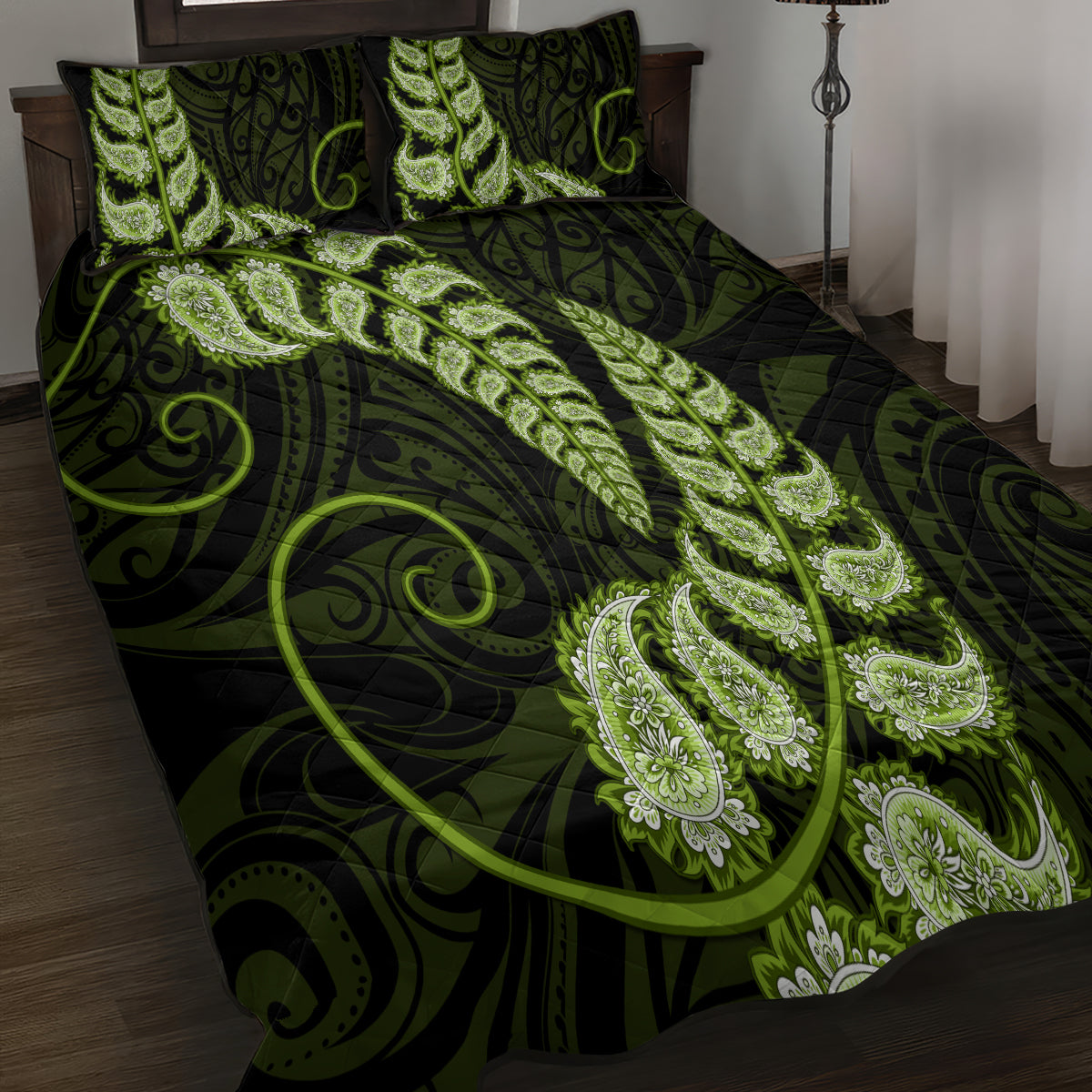 green-new-zealand-paisley-silver-fern-quilt-bed-set-aotearoa-maori