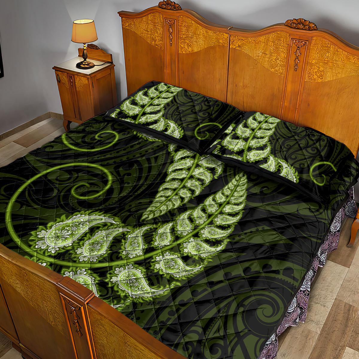green-new-zealand-paisley-silver-fern-quilt-bed-set-aotearoa-maori