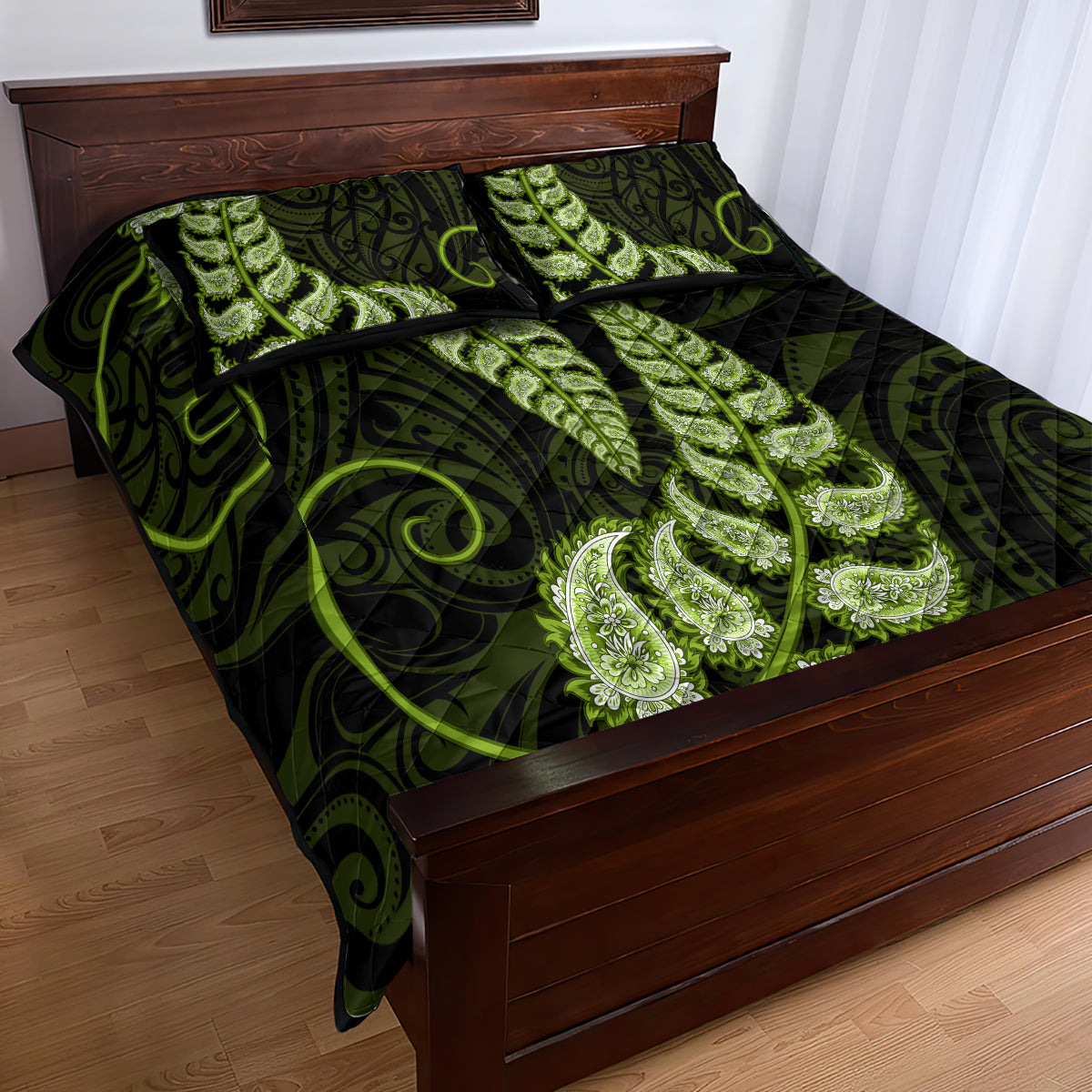 green-new-zealand-paisley-silver-fern-quilt-bed-set-aotearoa-maori