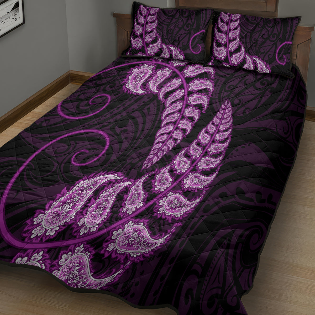 purple-new-zealand-paisley-silver-fern-quilt-bed-set-aotearoa-maori