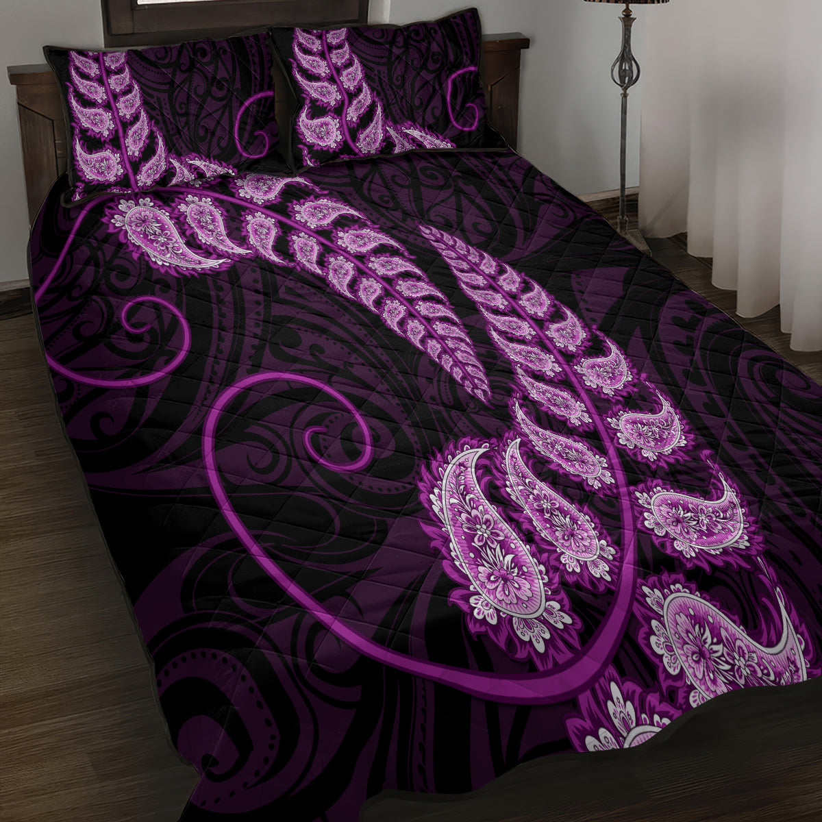 purple-new-zealand-paisley-silver-fern-quilt-bed-set-aotearoa-maori