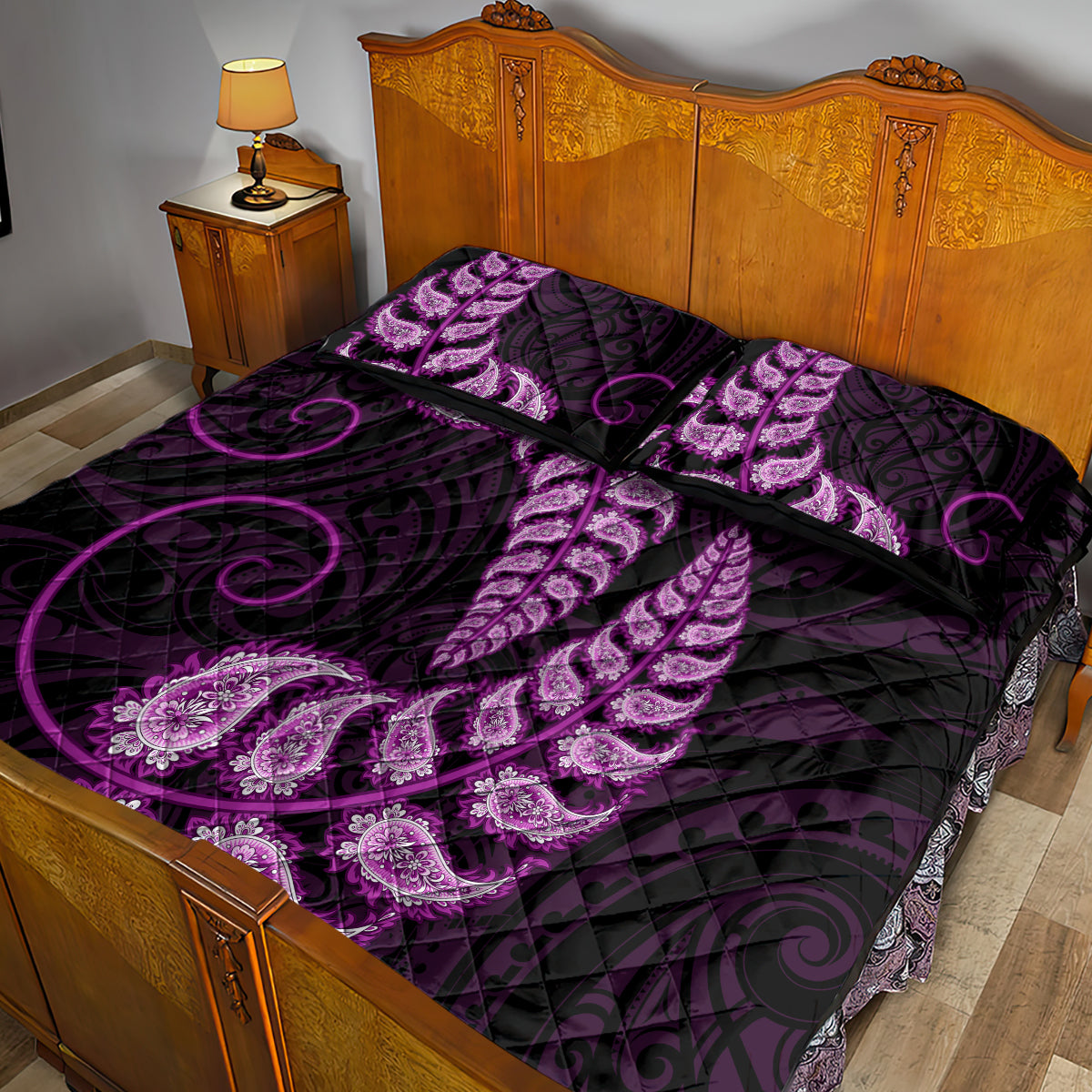 purple-new-zealand-paisley-silver-fern-quilt-bed-set-aotearoa-maori
