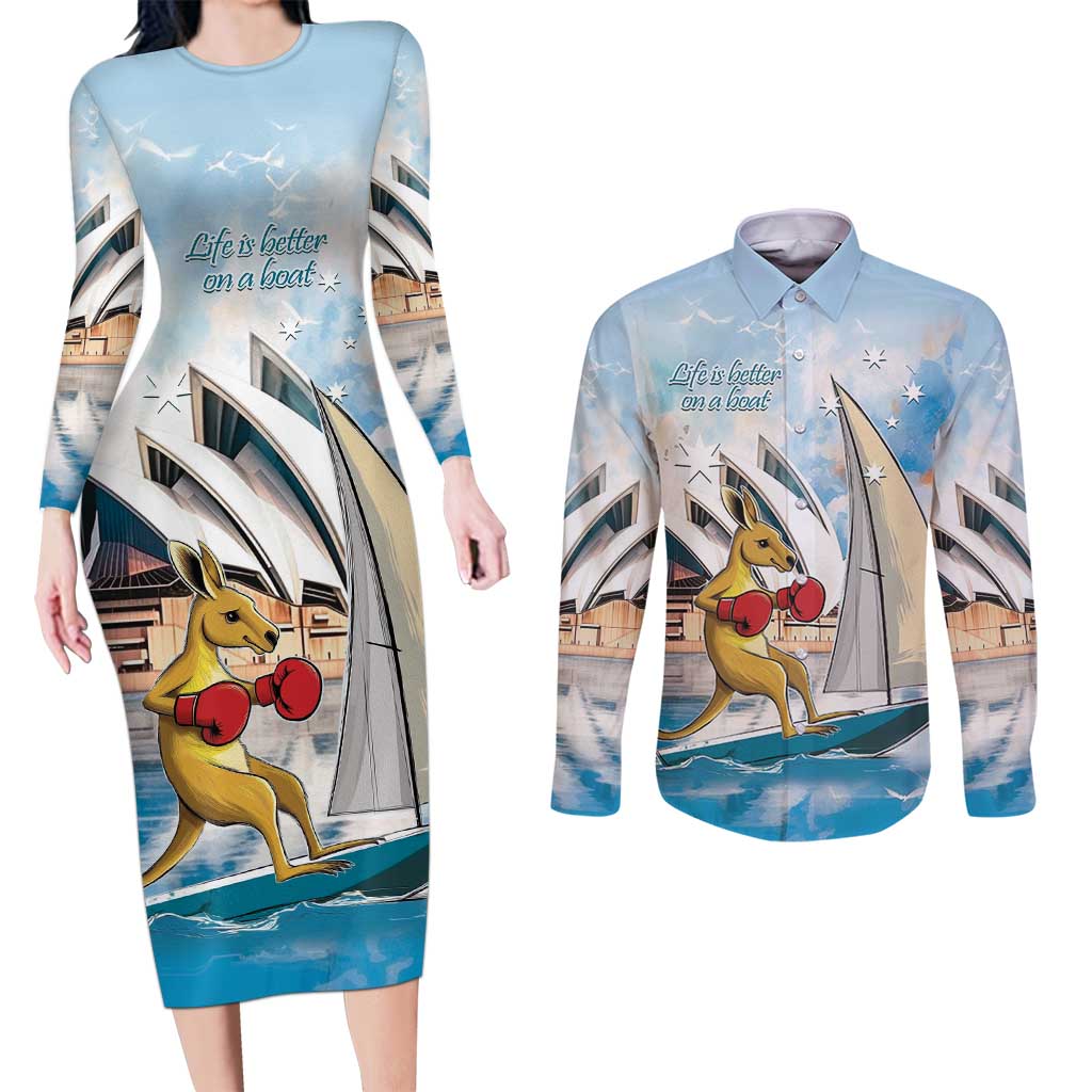 Personalised Australia Sailing Couples Matching Long Sleeve Bodycon Dress and Long Sleeve Button Shirt Life Is Better On A Boat