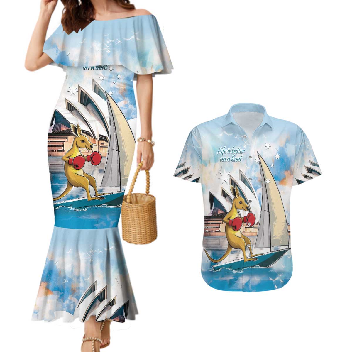 Personalised Australia Sailing Couples Matching Mermaid Dress and Hawaiian Shirt Life Is Better On A Boat