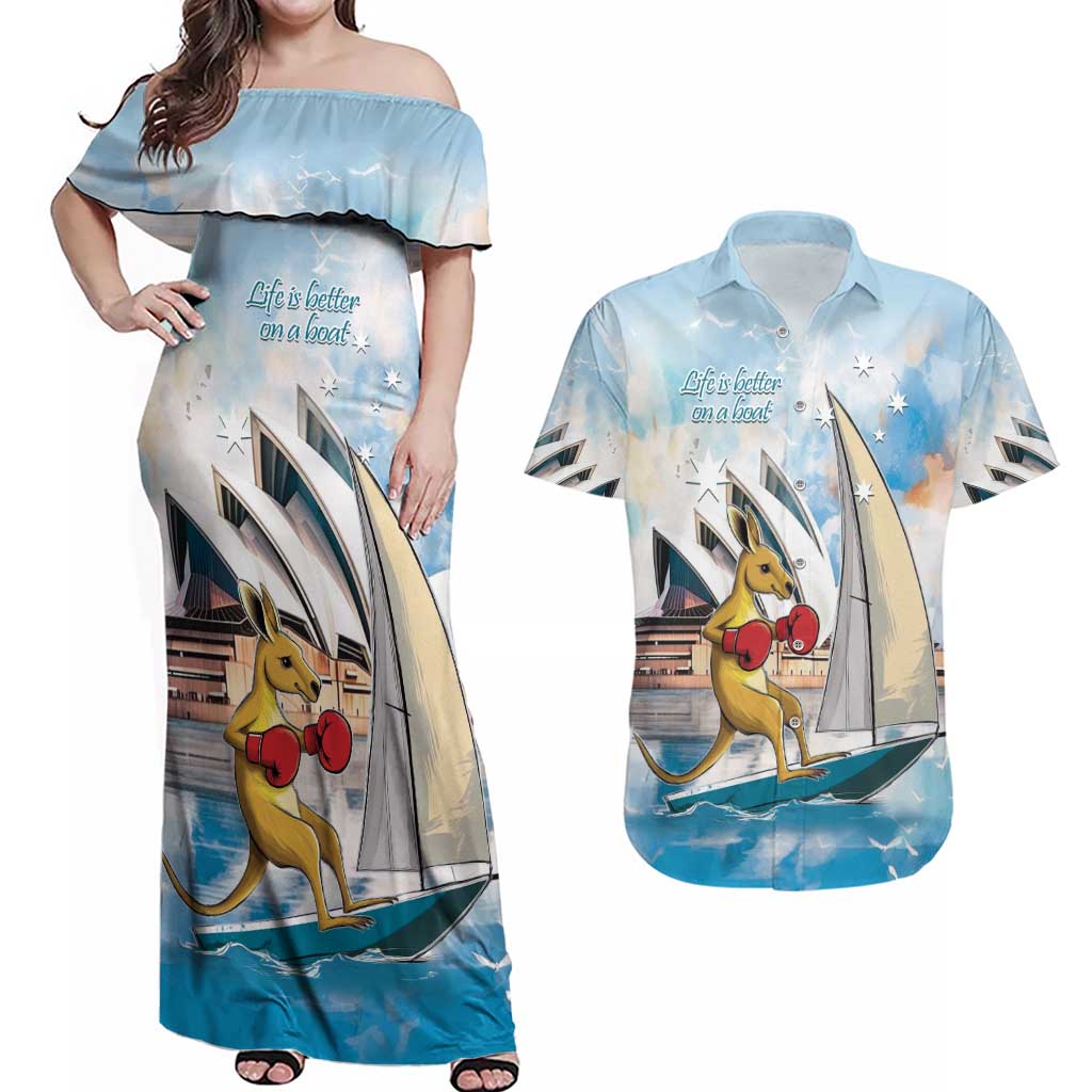 Personalised Australia Sailing Couples Matching Off Shoulder Maxi Dress and Hawaiian Shirt Life Is Better On A Boat