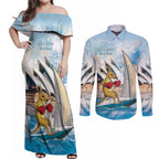Personalised Australia Sailing Couples Matching Off Shoulder Maxi Dress and Long Sleeve Button Shirt Life Is Better On A Boat