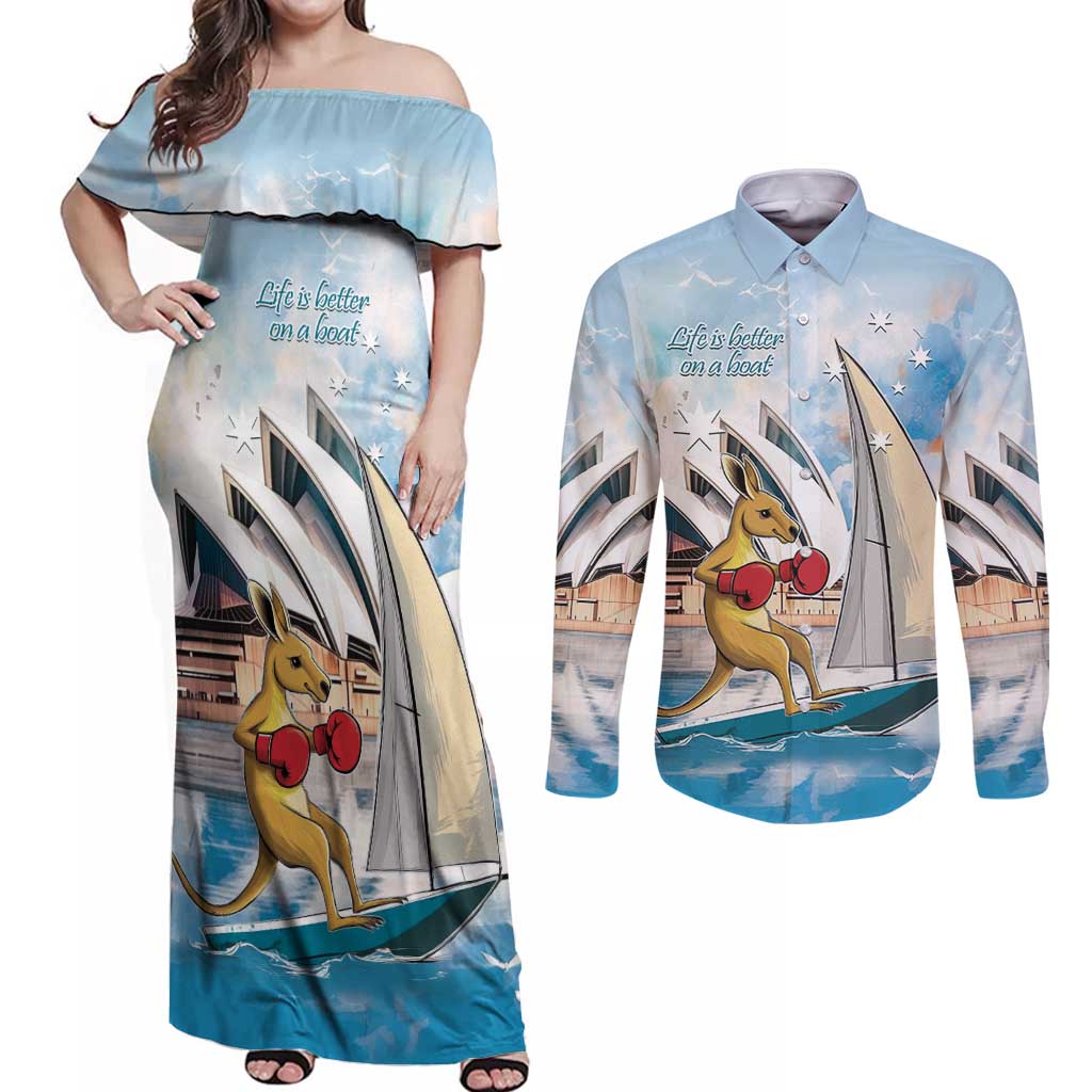 Personalised Australia Sailing Couples Matching Off Shoulder Maxi Dress and Long Sleeve Button Shirt Life Is Better On A Boat