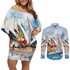 Personalised Australia Sailing Couples Matching Off Shoulder Short Dress and Long Sleeve Button Shirt Life Is Better On A Boat