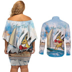 Personalised Australia Sailing Couples Matching Off Shoulder Short Dress and Long Sleeve Button Shirt Life Is Better On A Boat