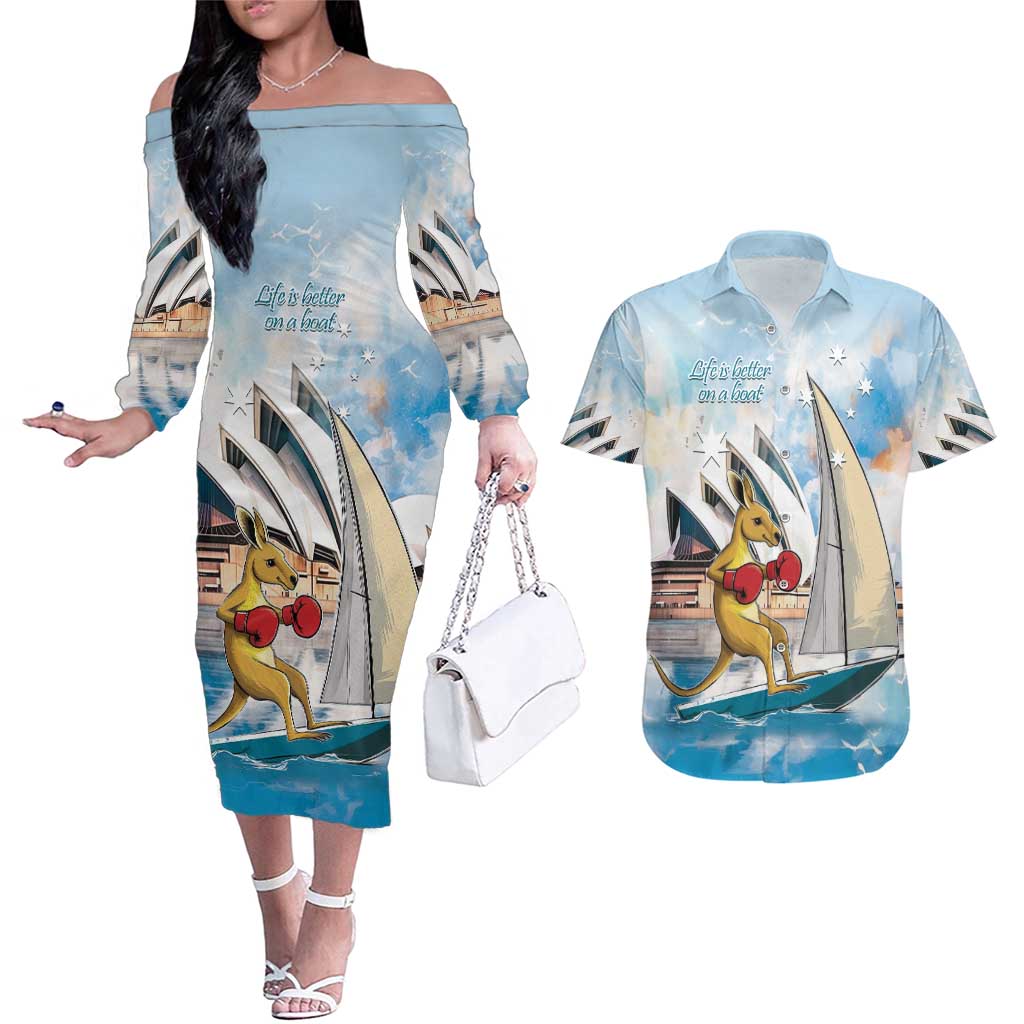 Personalised Australia Sailing Couples Matching Off The Shoulder Long Sleeve Dress and Hawaiian Shirt Life Is Better On A Boat