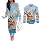 Personalised Australia Sailing Couples Matching Off The Shoulder Long Sleeve Dress and Long Sleeve Button Shirt Life Is Better On A Boat