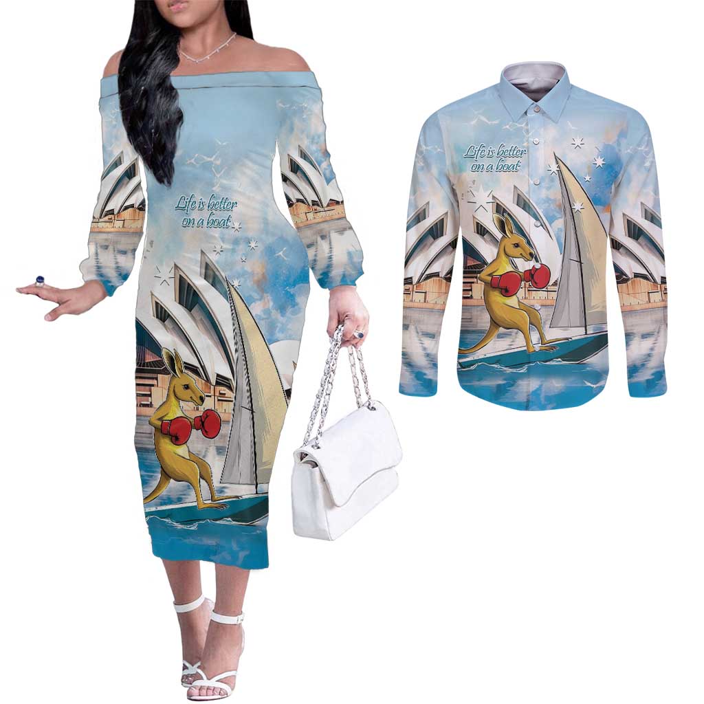 Personalised Australia Sailing Couples Matching Off The Shoulder Long Sleeve Dress and Long Sleeve Button Shirt Life Is Better On A Boat
