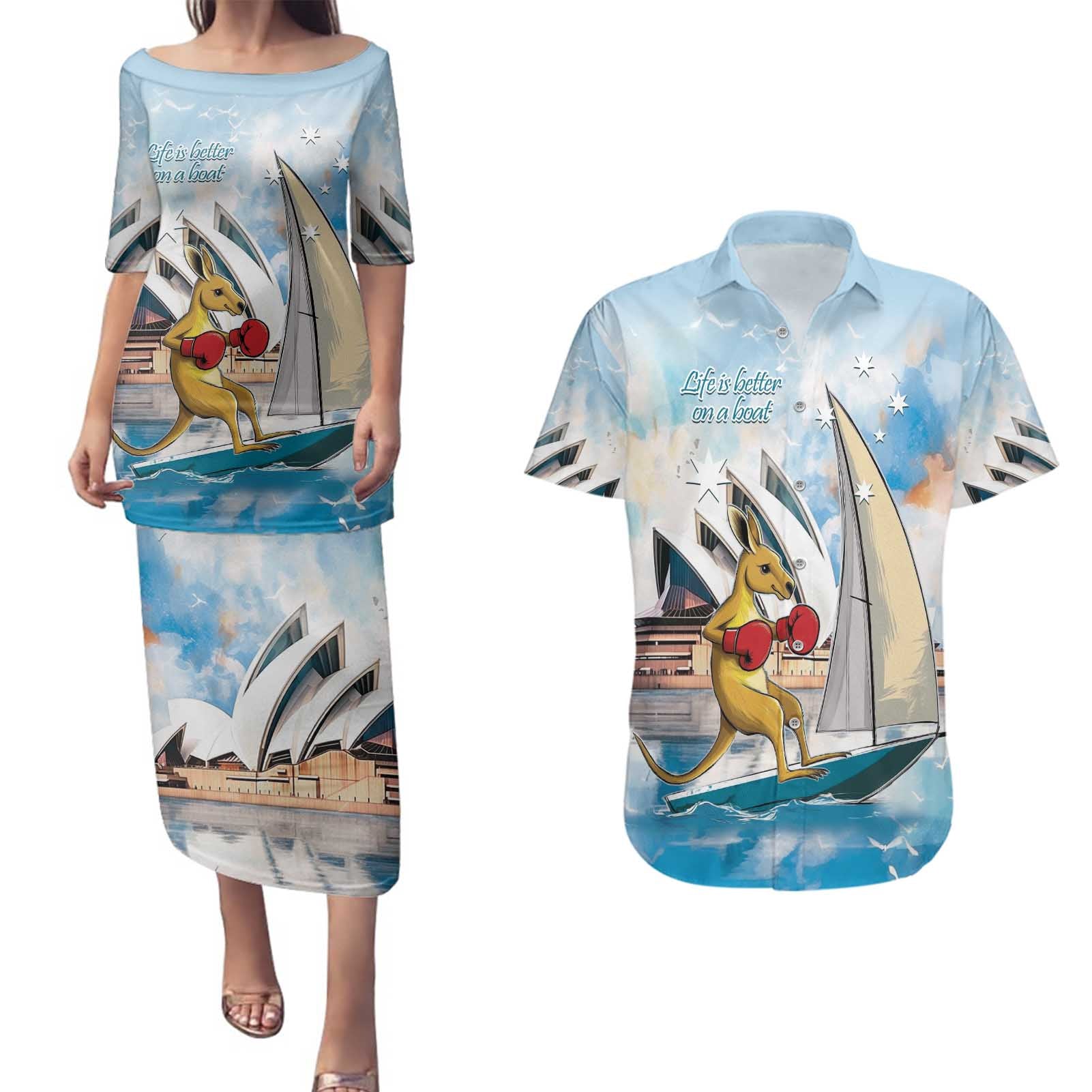 Personalised Australia Sailing Couples Matching Puletasi and Hawaiian Shirt Life Is Better On A Boat