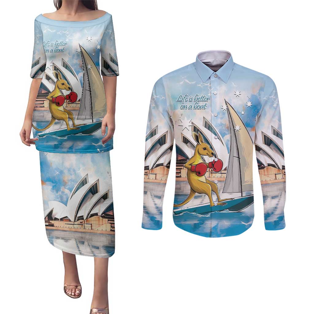 Personalised Australia Sailing Couples Matching Puletasi and Long Sleeve Button Shirt Life Is Better On A Boat