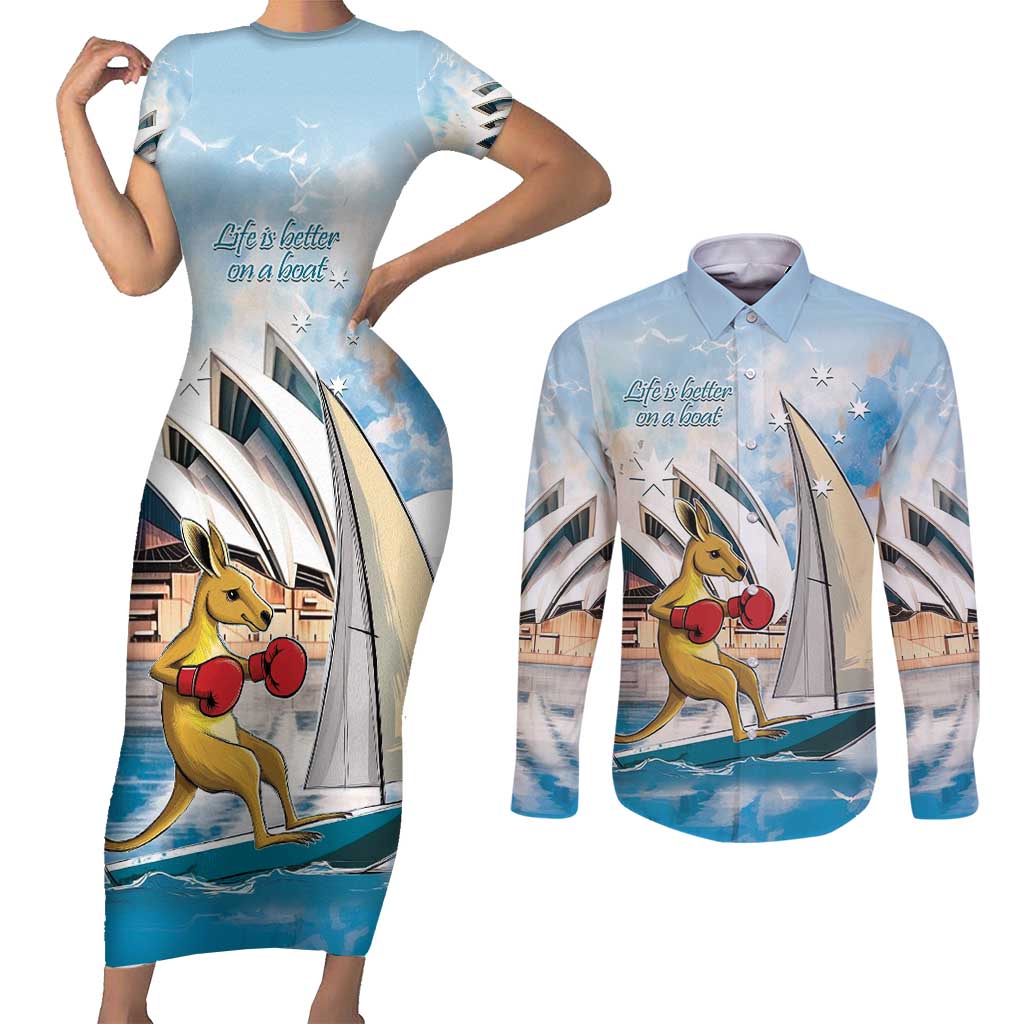 Personalised Australia Sailing Couples Matching Short Sleeve Bodycon Dress and Long Sleeve Button Shirt Life Is Better On A Boat