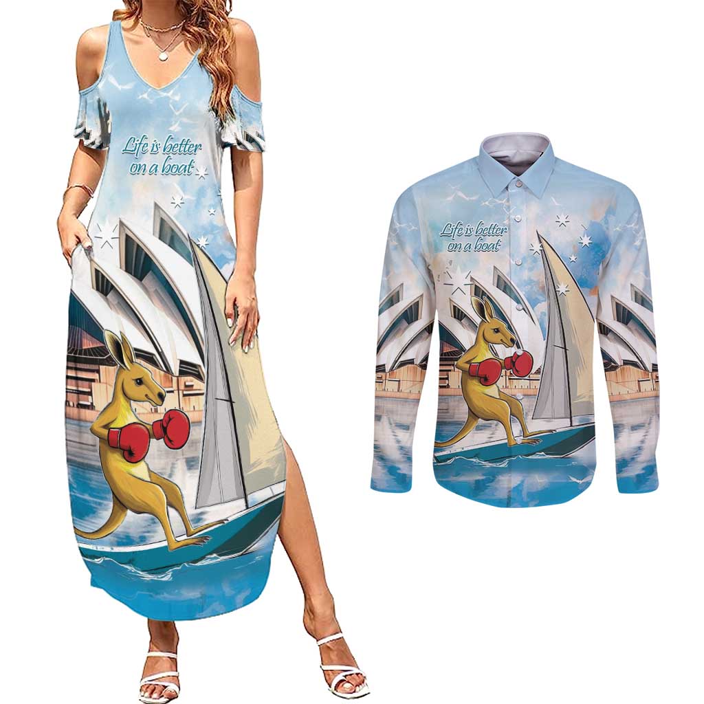 Personalised Australia Sailing Couples Matching Summer Maxi Dress and Long Sleeve Button Shirt Life Is Better On A Boat