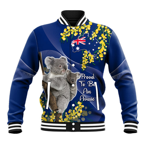 Australia Day Baseball Jacket Proud To Be An Aussie Koala With Map Golden Wattle
