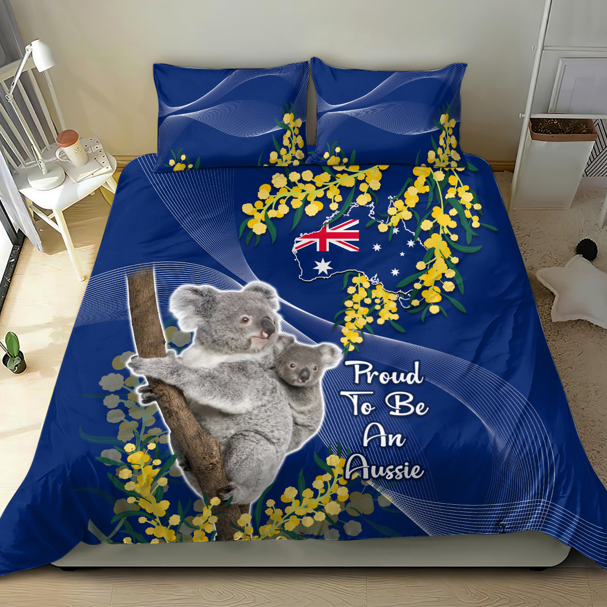 Australia Day Bedding Set Proud To Be An Aussie Koala With Map Golden Wattle