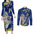 Australia Day Couples Matching Long Sleeve Bodycon Dress and Long Sleeve Button Shirt Proud To Be An Aussie Koala With Map Golden Wattle