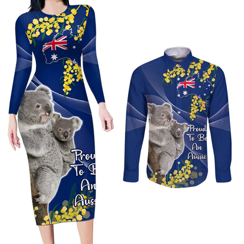 Australia Day Couples Matching Long Sleeve Bodycon Dress and Long Sleeve Button Shirt Proud To Be An Aussie Koala With Map Golden Wattle
